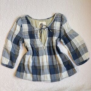 Hollister Blue and Cream Plaid Peasant Top